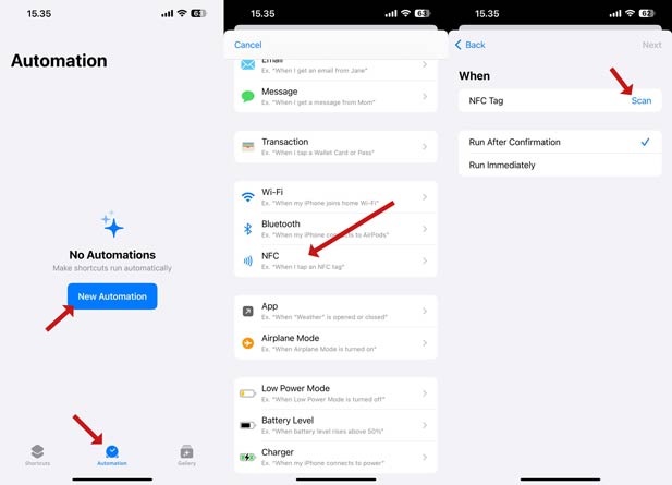 Baca NFC dari aplikasi Shortcuts